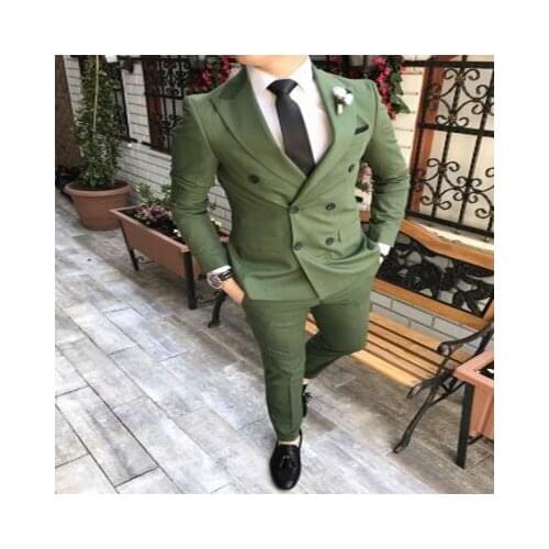 Newest Green Double-breasted Suit Mens 2020 Wedding Suits Custom Made Slim Fit Business Male Suit 2 Piece Set (Jacket+Pants)