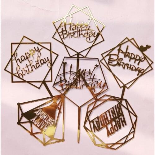 New Gold Happy Birthday Cake Topper Acrylic Classical Birthday Cupcake Topper for Kids Birthday Party Dessert Cake Decorations