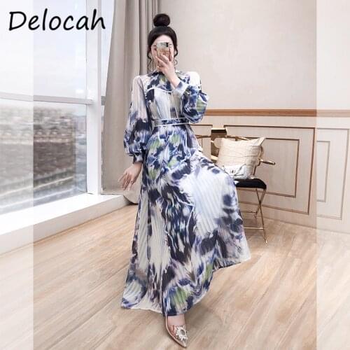 Delocah New 2021 Autumn Women Fashion Designer Party Maxi Dress Lantern Sleeve High Waist Floral Printed Vintage A-Line Dresses