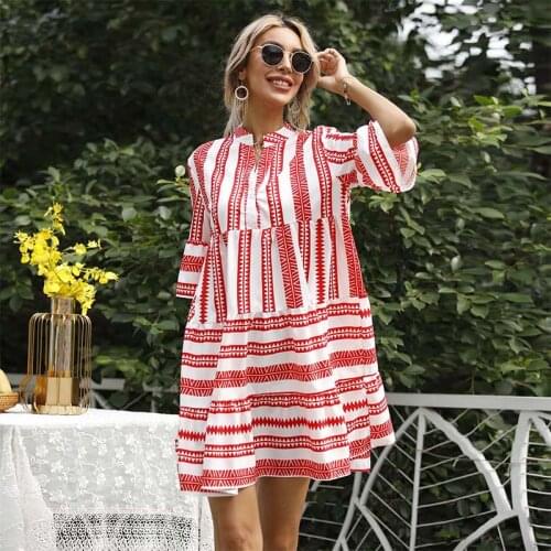Dresses Womens Summer Striped Print Ruffle 1/2 Sleeve V Neck Loose Casual Female Plus Size Streetwear Mini Dress