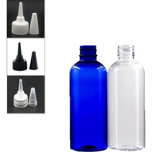100ml empty Plastic Bottles, clear/blue pet bottle with transparent/white/black twist top caps pointed mouth top X 5