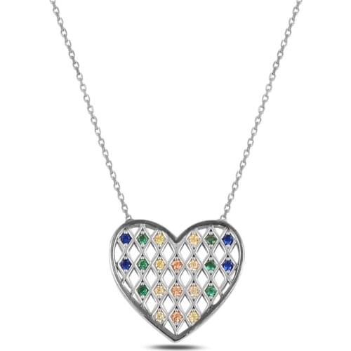 Silver 925 Sterling Heart Colorful Zircon Stone Necklace