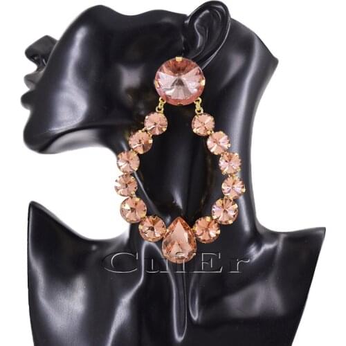 CuiEr 4.3" Super Bling ellipse Champagne Crystal Evening Party Earrings Drag Queen Fashion earring