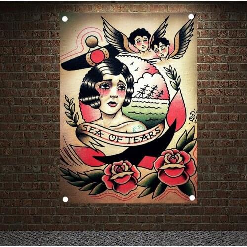 SEA OF TEARS Tattoo Banners Wall Art Retro Posters Canvas Painting Flag Wall Sticker Tapestry Tattoo Studio Mural Home Decor
