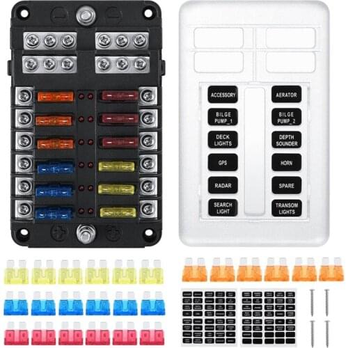 12 Way Waterproof Fuse Box Fuse Block Standard Circuit Fuse Holder with LED Light for Car Boat Marine Truck SUV Yacht RV