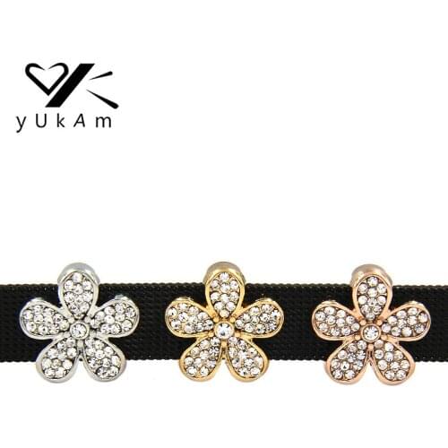 YUKAM Jewelry Keys Crystal Rhinestones Plum Blossom Flower Slide Charms Keeper for Stainless Steel Mesh Keeper Bracelets Making