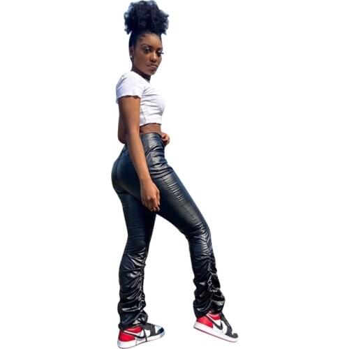 Womens Fashionable Sexy Pleated PU Leather Folds Trousers, Solid Color Slim Bell-bottomed Pants, Daily Life