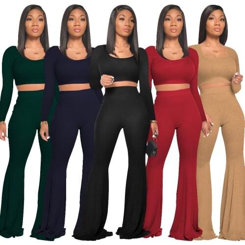 Womens Clothing With Free Shipping Long Sleeve Crop Tops Straight Wide Leg Pants Two Pieces Sets 2021 Falll Clothes Streetwear