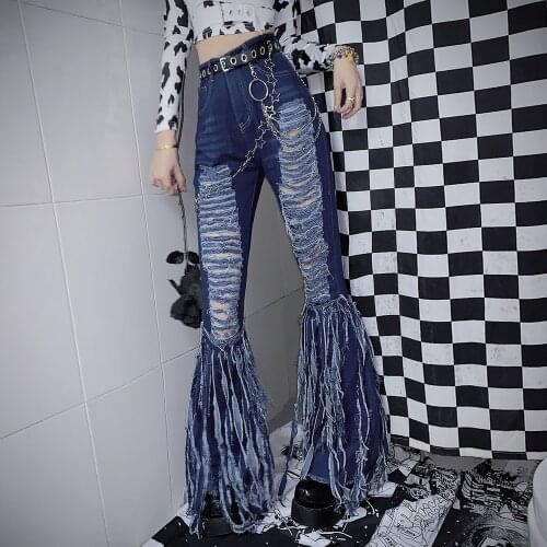 Women High Waist Jeans Japanese Harajuku Y2k Cool High Street Tassel Hole Street Flared Pants Fashion Wide-leg Slim Trousers