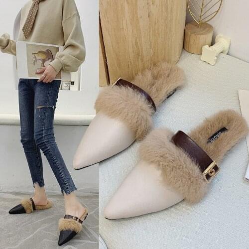 Furry slippers female new fashion rabbit fur flat half slippers Baotou Muller shoes Furry shoes personality and durable hot sale