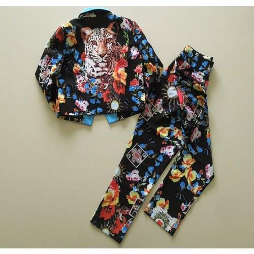 Fashion 2 Pieces Runway Designer Poker Flower Print Blazer + Full-Lenght Pants Elegant Office Ladies Sets