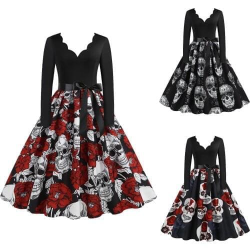 Halloween Costume Party Sexy Dresses Long Sleeve Deep V-neck Vintage Women Skull Printing Plus Size Big Swing Dress Vestidos G