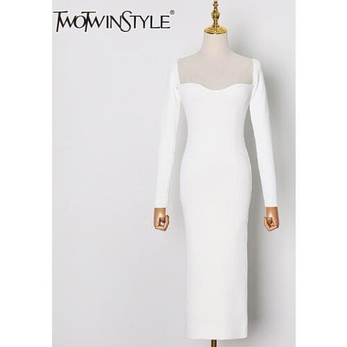 TWOTWINSTYLE White Sexy Knitted Dress For Women Square Collar Long Sleeve High Waist Back Split Slim Dresses Female 2020 Autumn