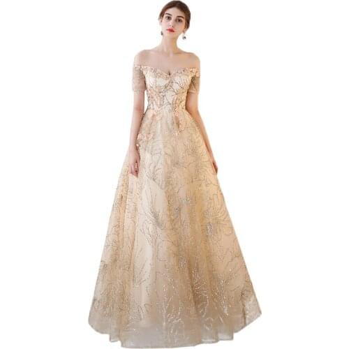 Beauty Emily Evening Dresses 2019 Long Champagne Sequined A line Formal Party Prom Dress Floor-Length Women Elegant