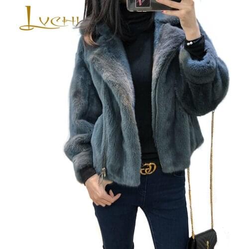 LVCHI Winter 2019 Womens Pure Color Mink Coats Natural Fur Long Sleeve Mink Coat Full Pelt Turn-Down Collar Short Mink Coats