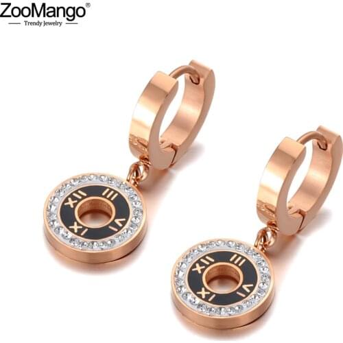 ZooMango Trendy Titanium Stainless Steel Shell Acrylic Roman Numeral Wedding Earrings For Women Rhinestone Hoop Earrings ZE20099