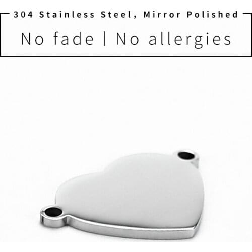 100% Stainless Steel Blank Heart Ear Tags Charm 2 Hole Connector Pendant High Polished Wholesale 10pcs