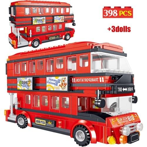 398PCS City Creator Double Deck Bus Building Blocks High-tech Red Transportation Bus School Car Bricks Toys for Children