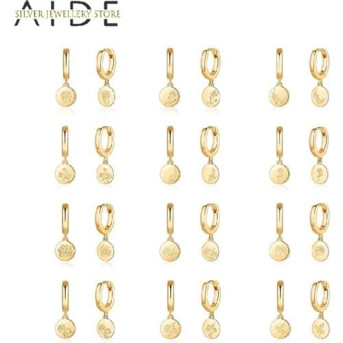AIDE 925 Sterling Silver Flower Round pendientes Hoop Earrings for Women Birthday Month Floral Earings Fine Jewelry kolczyki