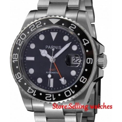 40mm Parnis Automatic Men Watch Sapphire Glass Ceramic Bezel Orange GMT Black Dial watch