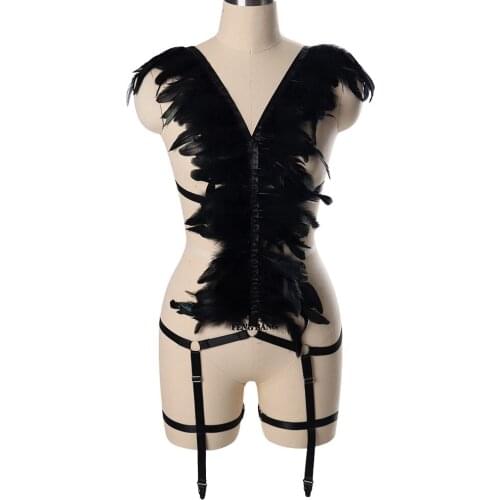 Feather Bondage Body Harness Belt Pole Dance Sexy Lingerie Punk Leg Garter Hollow Open Chest Bra Women Black Adjust Bodysuit