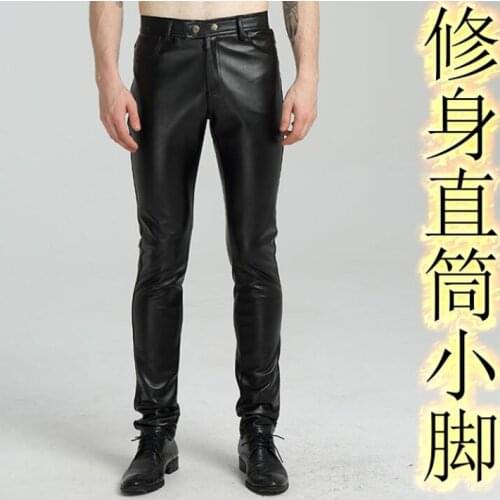 Splice korean fashion motorcycle faux leather pants mens feet pants Plus velvet pu trousers for men pantalon homme black