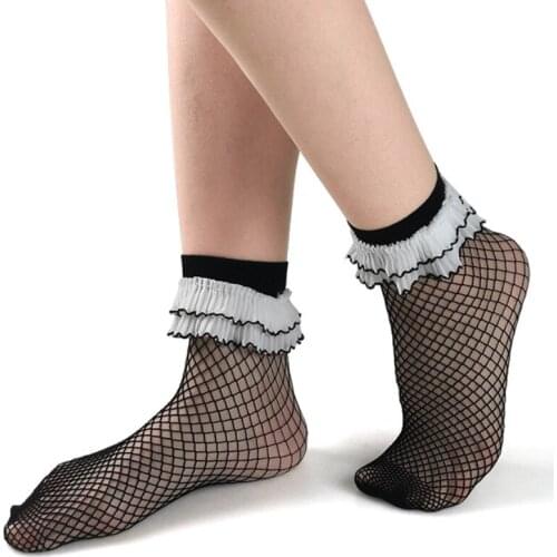 Black White Lace Socks for Women Summer Ruffle Low Tube Fishnet Sock Lolita Girls Dress Wear Transparent Cute Frilly Socks Women