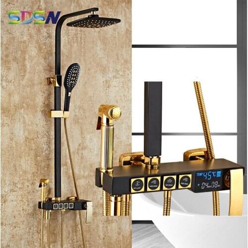 Digital Shower Set Inwall Mounted Bathroom Shower Mixer System Black Gold Thermostatic Shower Set Rainfall Shower Head Faucets
