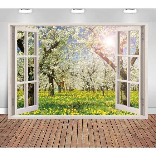 Spring Window Backdrop Flower Tree Grass Nature Forest Landscape Sunshine Garden Scenery Background Baby Shower Party Banner