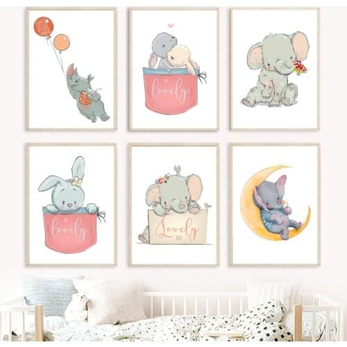 Cartoon Animal Elephant Bunny Balloon Moon Wall Art Canvas Painting Nordic Posters And Prints Wall Pictures Baby Kids Room Decor