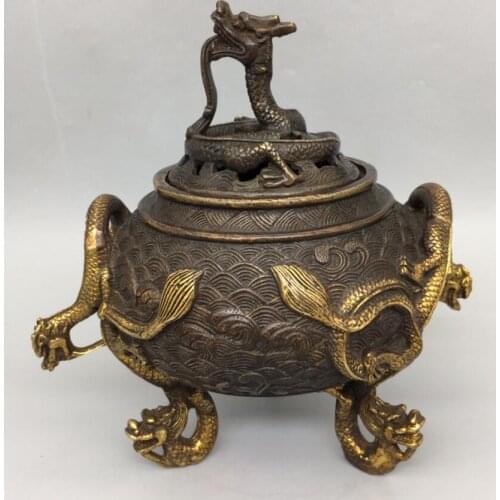 China brass archaize three foot dragon Incense burner crafts statue