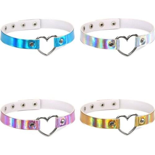 Harajuku Handmade Heart Pendant Choker Laser Light Necklace Punk Leather Collar Chocker Necklace