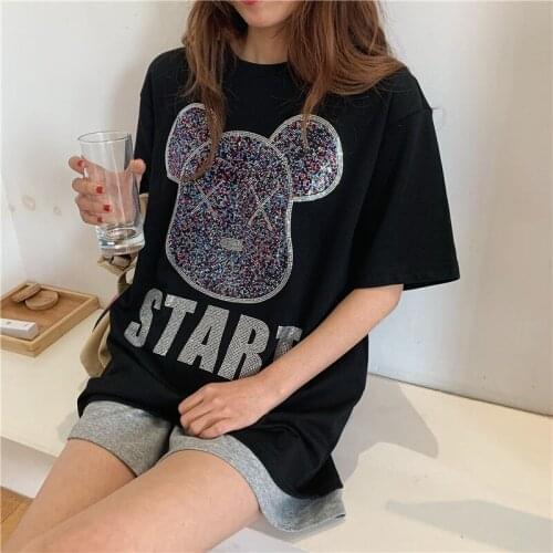 Bestseller 2021 Women Cotton T Shirt Rhinestone Summer T-shirt Loose Diamonds Short Sleeves