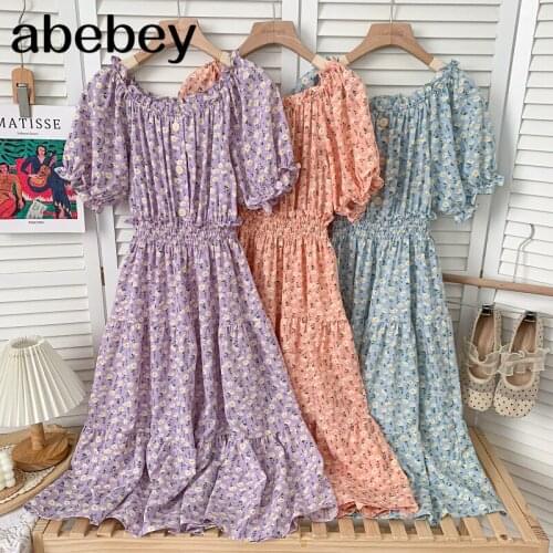 Sweet slash neck puff sleeve Dress Ruffles patchwork high waist pleated print mid-long A-line Dress 2021 New Summer
