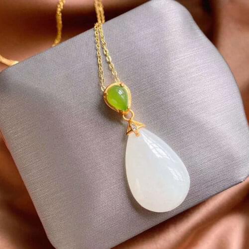 Natural Hotian Jade Pendant Drop-Shaped Necklace S925 Sterling Silver Simple Temperament to Give Mom Birthday Gift Jewelry