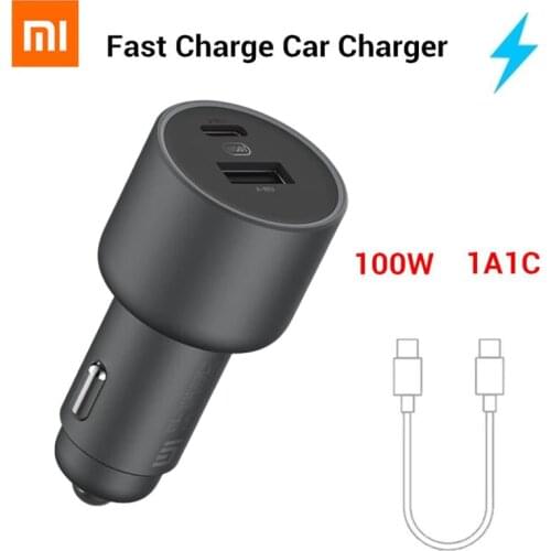 Original Xiaomi 100W Car Charger Dual USB Quick Charge Mi Car Charger USB-A USB-C Dual Output LED Light With 5A Cable