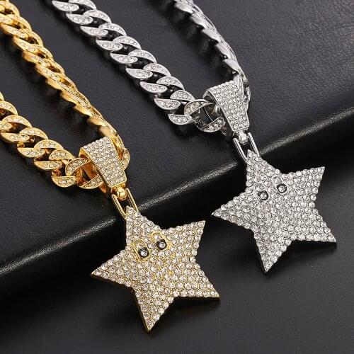 Necklace for Men Women Hip Hop Iced Out Bling five-pointed star Pendant Necklace Miami Gold Cuban Chain Choker Jewelry Mens Gift