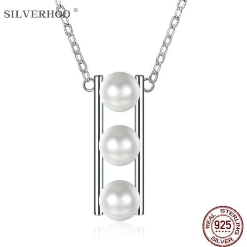 SILVERHOO 925 Sterling Silver Pendant Necklaces Simple Three Shell Pearls Women Necklace Party Fine Jewelry Wedding Couple Gift