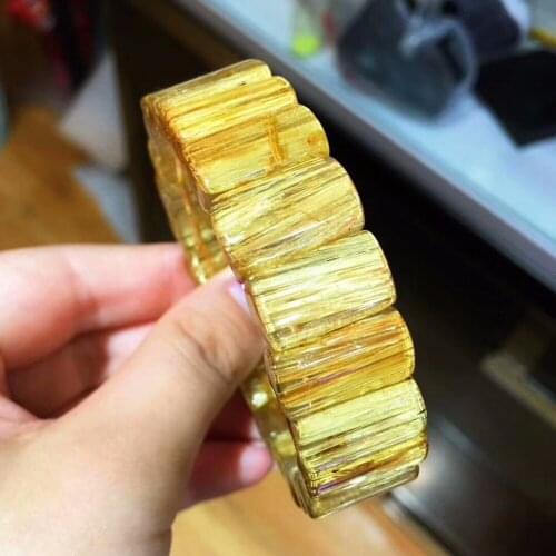 Genuine Natural Gold Rutilated Quartz Crystal Stretch Charm Rectangle Beads Women Men Bracelet Bangle 17x10mm Certificate