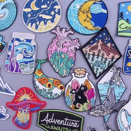 Adventure Patch Nature Trave Iron On Patches For Clothing Flower Whale Patches On Clothes Space Mountain Patch Applique Badge