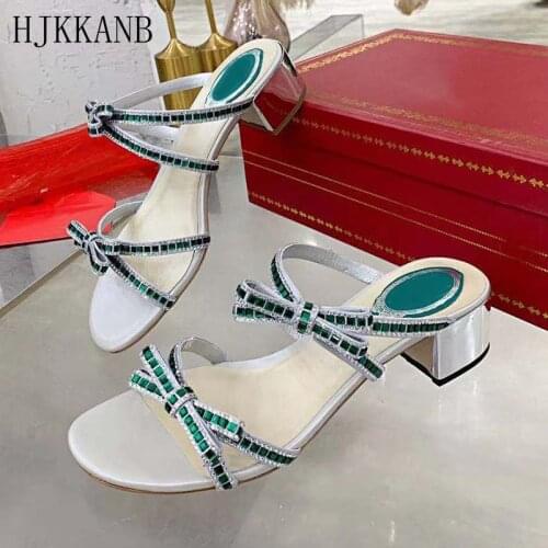 Crystal Bowknot Decor Chunky Heel Slippers Women Fairy Style Open Toe Rhinestone Slides Summer Sweet Dress Shoes Beach Slippers