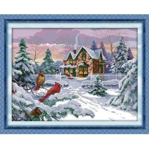 Snow Scene Counted Cross Stitch Kits Patterns 11CT 14CT Printed Stamped Fabric Home Decor Embroidery Needlework Set Arts Sewing