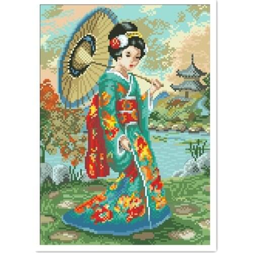 Spring tour cross stitch kit Japanese girl 18ct 14ct 11ct white fabric cotton thread embroidery DIY handmade needlework