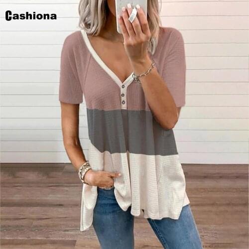Plus Size 4xl 5xl Ladies Elegant Leisure Casual T-shirt Patchwork Top Streetwear Women Pullovers 2021 Single-Breasted Tees shirt