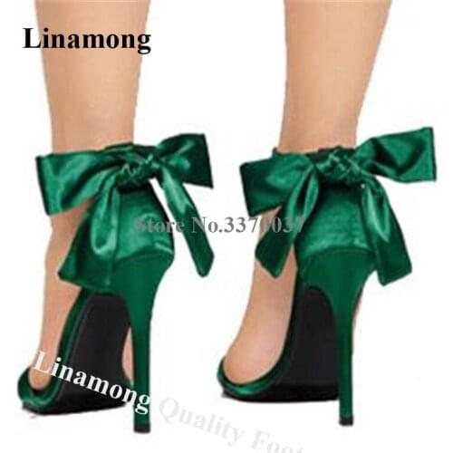 Women Elegant Fashion Open Toe Satin Stiletto Heel Back Bowtie Sandals Green Pink One Strap High Heel Sandals Formal Dress Shoes