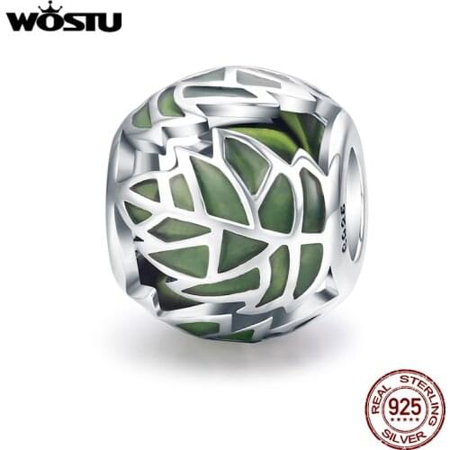 WOSTU Authentic 925 Sterling Silver Tree of Life Tree Leaves Green Enamel Beads fit Charm Bracelet for Women DIY Jewelry CQC524