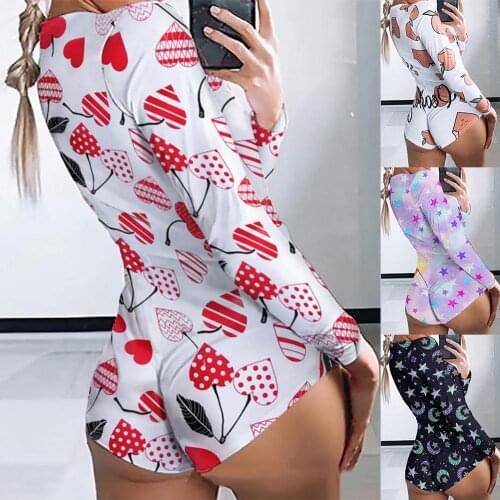 Women Heart Flower Print Long Sleeve Deep V Neck Slim Sexy Jumpsuit Bodysuit одежда для женская