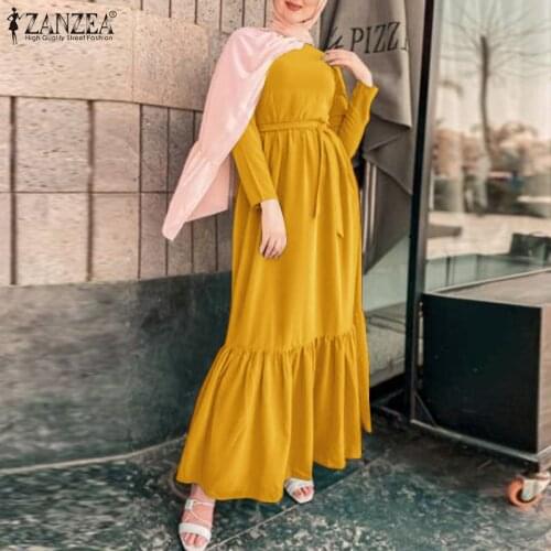 Dubai Turkey Abaya Hijab Dress ZANZEA Women Long Sleeve Ruffle Hem Long Muslim Dress Eid Mubarek Summer Solid Sundress