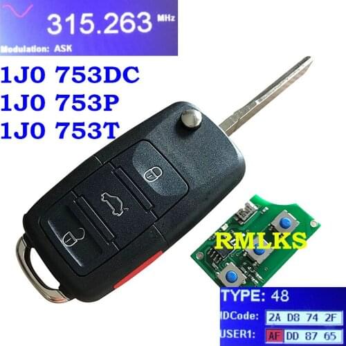 4 Button Flip Remote Key for VOLKSWAGEN Beetle CC EOS Golf Passat Rabbit 315MHz ID48 1J0 959 753DC/1J0 959 753P/1J0 959 753T