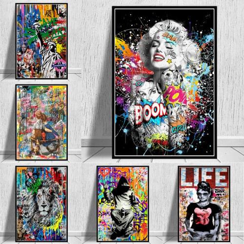 Retro Graffiti Art Monroe And Chaplin Famous Person Watercolour Canvas Painting On Wall Decor Street Art Prints Poster Picture